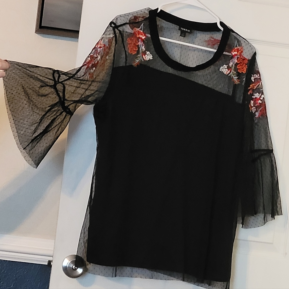 Torrid Black Sheer Top with Red Floral Embroidery